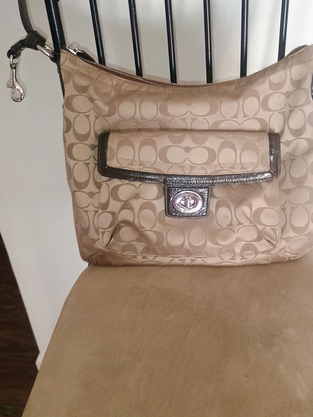Coach Signature Beige Crossbody Bag with Metallic Trim